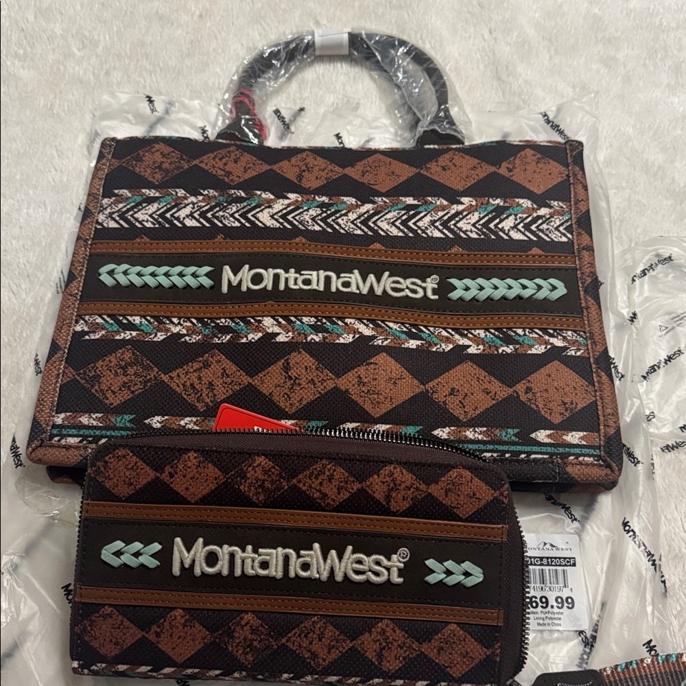 Montana West Geometric Brown & Black Tote with matching wallet